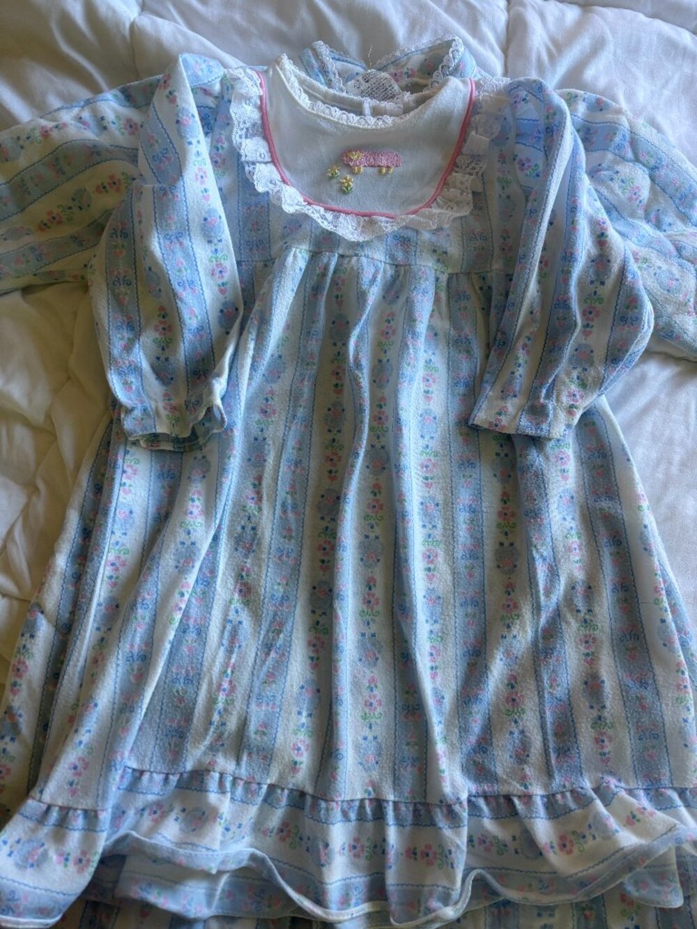 Vintage 1980s Toddler Floral Nightgown and Quilted Robe Set